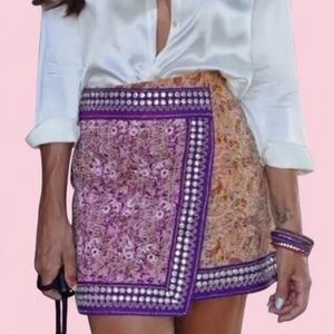 NWT Commense Wrap Patchwork Print Mini Skirt Purple Floral Size M